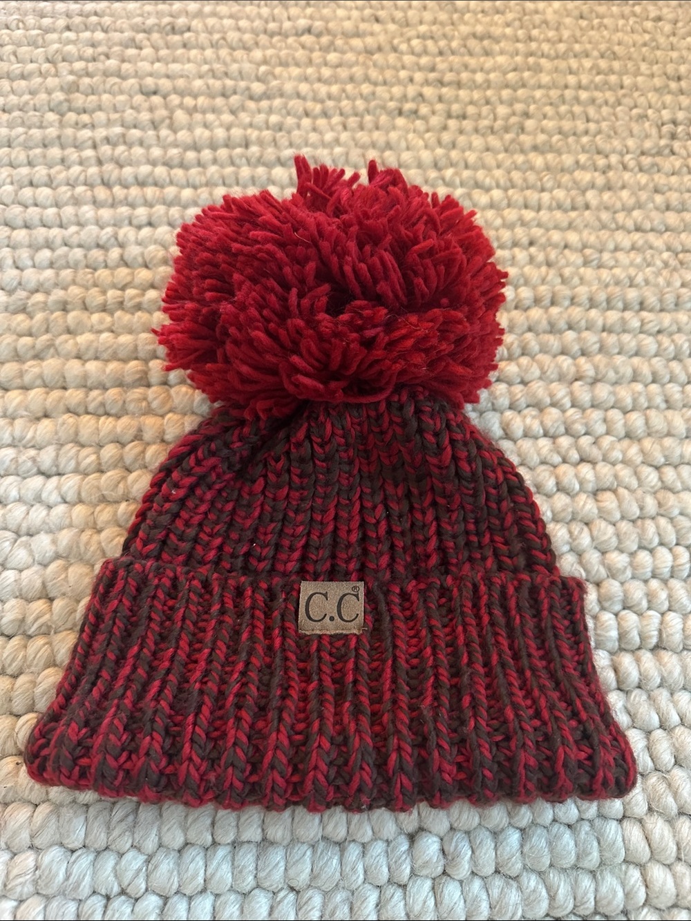 C.C. Beanie Red Brown Marled Knit Pom Pom Winter Hat